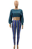 Brown Casual Digital Stripe Printing Arm Drawsting Long Sleeve Round Collar Crop Tops Pencil Pants Two-Piece SZS8175-4