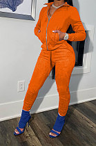 Orange Cotton Blend Casual Long Sleeve Stand Neck Zip Front Coat Bodycon Pants Elastic Sport Sets YYF8252-5