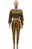 Brown Casual Digital Stripe Printing Arm Drawsting Long Sleeve Round Collar Crop Tops Pencil Pants Two-Piece SZS8175-4