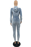 Sky Blue Wholesale Women Velvet Long Sleeve Zip Front Hoodie Pencil Pants Slim Fitting Sport Sets YYF8250-3