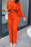 Red Women Irregular Tops Flounce Zipper Pocket Pure Color Straight Leg Pants Two-Pieces GL6509-3