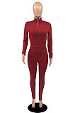 Red New Wholesale Ribber Long Sleeve Zip Front T-Shirts Pencil Pants Slim Fitting Two-Piece DR88130-1