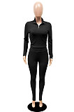 Red New Wholesale Ribber Long Sleeve Zip Front T-Shirts Pencil Pants Slim Fitting Two-Piece DR88130-1