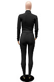 Black New Wholesale Ribber Long Sleeve Zip Front T-Shirts Pencil Pants Slim Fitting Two-Piece DR88130-3