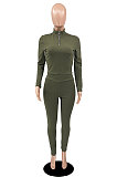 Olive Green New Wholesale Ribber Long Sleeve Zip Front T-Shirts Pencil Pants Slim Fitting Two-Piece DR88130-5