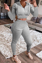 Gray Wholesale Women Velvet Long Sleeve Zip Front Hoodie Pencil Pants Slim Fitting Sport Sets YYF8250-6