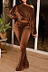 Coffee Women Solid Color Pullover Velvet A Word Shoulder Lantern Sleeve Pocket Flare Leg Pants Sets GL6517-4