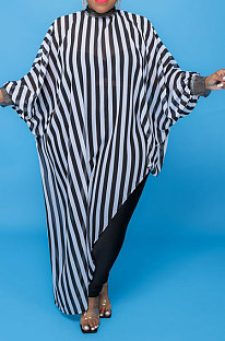 Black White Stripe  Women Loose Half Turtle Neck Long Sleeve Irregular Long Plus Size Tops T Shirts CCY1673-5