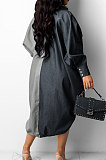 Black Autumn Winter Loose Spliced Long Sleeve Lapel Neck Single-Breated Jean Shirt Dress ZS0422-2