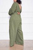Army Green Women Cotton Blend Ruffle Condole Belt Bandage Pure Color Wide Leg Pants Two-Pieces GL6511-5