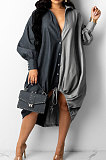 Black Autumn Winter Loose Spliced Long Sleeve Lapel Neck Single-Breated Jean Shirt Dress ZS0422-2