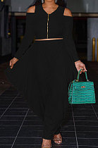 Black Modest Newest Off Shoulder Long Sleeve Zip Tops Irregularity Wide Leg Pants Solid Color Two-Piece YG10822-1