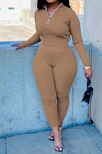 Khaki New Wholesale Ribber Long Sleeve Zip Front T-Shirts Pencil Pants Slim Fitting Two-Piece DR88130-4