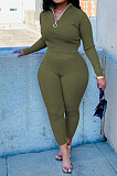 Khaki New Wholesale Ribber Long Sleeve Zip Front T-Shirts Pencil Pants Slim Fitting Two-Piece DR88130-4