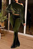 Army Green Women Solid Color Pullover Velvet A Word Shoulder Lantern Sleeve Pocket Flare Leg Pants Sets GL6517-6