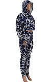 Navy Blue Personality Print Long Sleeve Loose Hoodie Bodycon Pants Modest Sets ZDD31166