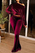 Wine Red Women Solid Color Pullover Velvet A Word Shoulder Lantern Sleeve Pocket Flare Leg Pants Sets GL6517-5