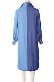 Blue Autumn Winter Loose Spliced Long Sleeve Lapel Neck Single-Breated Jean Shirt Dress ZS0422-3