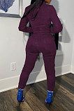 Grape Purple Cotton Blend Casual Long Sleeve Stand Neck Zip Front Coat Bodycon Pants Elastic Sport Sets YYF8252-2