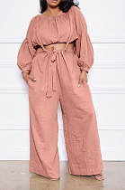 Pink Women Cotton Blend Ruffle Condole Belt Bandage Pure Color Wide Leg Pants Two-Pieces GL6511-2
