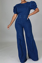 Blue Modest Newest Puff Sleeve Round Neck Backless Zipper Collect Waist Jean Wide Leg Jumpsuits LA3289