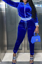 Royal Blue Wholesale Women Velvet Webbint Spliced Long Sleeve Hoodie Bodycon Pants Casual Sport Sets LML271-2