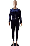 Black Casual Modest Velvet Side Strip Spliced Long Sleeve Zip Front Hoodie Bodycon Pants Sport Sets LS6475-3