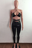 Black Sexy Personality PU Leatter Sleeveless Halter Neck Hollow Out Slim Fitting Strapless Jumpsuits LA3294-1