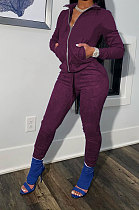 Grape Purple Cotton Blend Casual Long Sleeve Stand Neck Zip Front Coat Bodycon Pants Elastic Sport Sets YYF8252-2