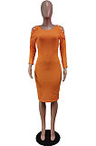 Orange Night Club Off Shoulder Long Sleeve Round Collar Collect Waist Collect Waist Pencil Dress WY6847-2