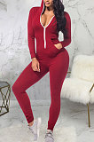 Pink Casual Wholesale Long Sleeve Zip Front Collect Waist Hooded Bodycon Jumpsuits SMR10648-1