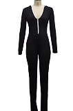 Black Casual Wholesale Long Sleeve Zip Front Collect Waist Hooded Bodycon Jumpsuits SMR10648-3