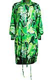 Green Euramerican Women Irregular Digital Printing V Collar Mid Waist Midi Dress K2201-1