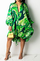 Green Euramerican Women Irregular Digital Printing V Collar Mid Waist Midi Dress K2201-1
