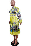 Sky Blue Fashion Positioning Print Spliced Long Sleeve Lapel Neck Side Stealth Zipper Shirt Swing Dress WY6848-2