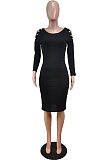 Black Night Club Off Shoulder Long Sleeve Round Collar Collect Waist Collect Waist Pencil Dress WY6847-1
