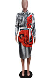 Red Wholesale Stripe Printing Long Sleeve Lapel Neck Single-Breasted With Beltband Shirt Dress WY6849-5