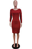 Wine Red Night Club Off Shoulder Long Sleeve Round Collar Collect Waist Collect Waist Pencil Dress WY6847-3