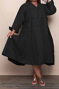 Black Simple  Casual Long Sleeve V Neck Folded Solid Color Loose Fat Women Dress QSS51049-3