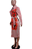 Khaki Wholesale Stripe Printing Long Sleeve Lapel Neck Single-Breasted With Beltband Shirt Dress WY6849-1