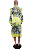 Yellow Fashion Positioning Print Spliced Long Sleeve Lapel Neck Side Stealth Zipper Shirt Swing Dress WY6848-1