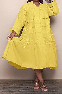 Yellow Simple  Casual Long Sleeve V Neck Folded Solid Color Loose Fat Women Dress QSS51049-4