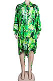 Pink Euramerican Women Irregular Digital Printing V Collar Mid Waist Midi Dress K2201-2