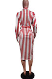 Khaki Wholesale Stripe Printing Long Sleeve Lapel Neck Single-Breasted With Beltband Shirt Dress WY6849-1
