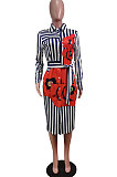 Black Wholesale Stripe Printing Long Sleeve Lapel Neck Single-Breasted With Beltband Shirt Dress WY6849-3