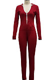 Pink Casual Wholesale Long Sleeve Zip Front Collect Waist Hooded Bodycon Jumpsuits SMR10648-1