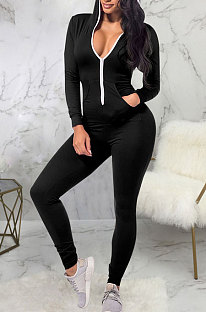 Black Casual Wholesale Long Sleeve Zip Front Collect Waist Hooded Bodycon Jumpsuits SMR10648-3