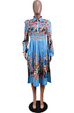 Sky Blue Fashion Positioning Print Spliced Long Sleeve Lapel Neck Side Stealth Zipper Shirt Swing Dress WY6848-2