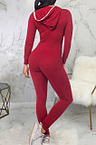 Wine Red Casual Wholesale Long Sleeve Zip Front Collect Waist Hooded Bodycon Jumpsuits SMR10648-2