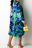Blue Euramerican Women Irregular Digital Printing V Collar Mid Waist Midi Dress K2201-3